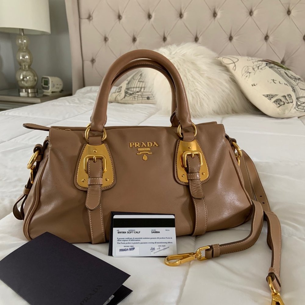 Prada Bauletto Soft Calf Leather Bag Beige